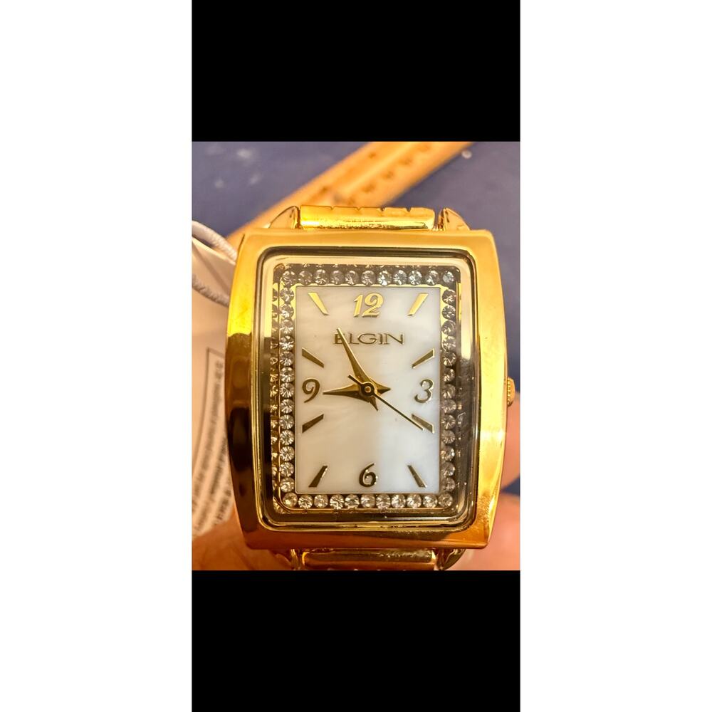 Authentic Elgin Gold Tone Crystal Bezel Mother of Pearl Watch NIB